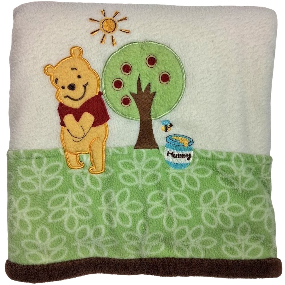 Winnie The Pooh Bear Apple Tree Honey Fleece Baby Blanket Beige Green Brown Trim